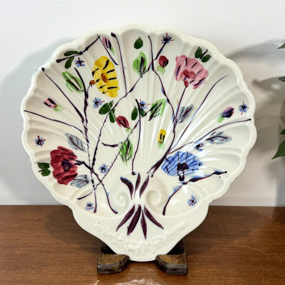 Blue Ridge Pottery Shell Relish Dish Floral Hand Painted Southern Potteries USA